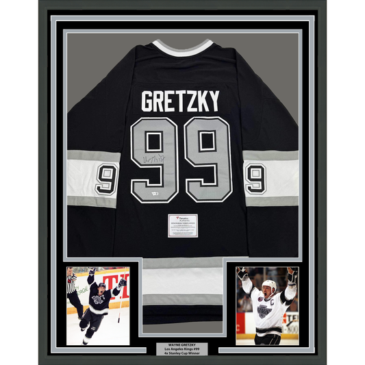 Framed Autographed/Signed Wayne Gretzky 35x39 Los Angeles Kings Black Mitchell & Ness Vintage Hockey Jersey Fanatics COA